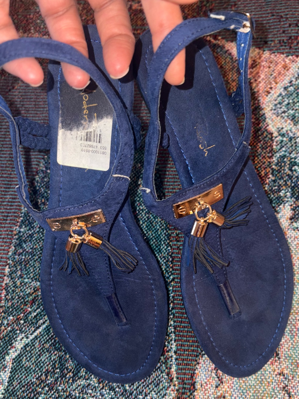 Chloe Navy Suede Tassel T-Strap Sandals with Gold Hardware